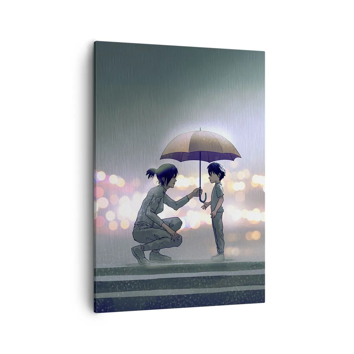 Obraz na płótnie - Postać klęcząca podaje parasol dziecku na tle świateł - 50x70cm - I już jest wszystko dobrze - Nowoczesna dekoracja ścienna do salonu, kuchni i sypialni ARTTOR
