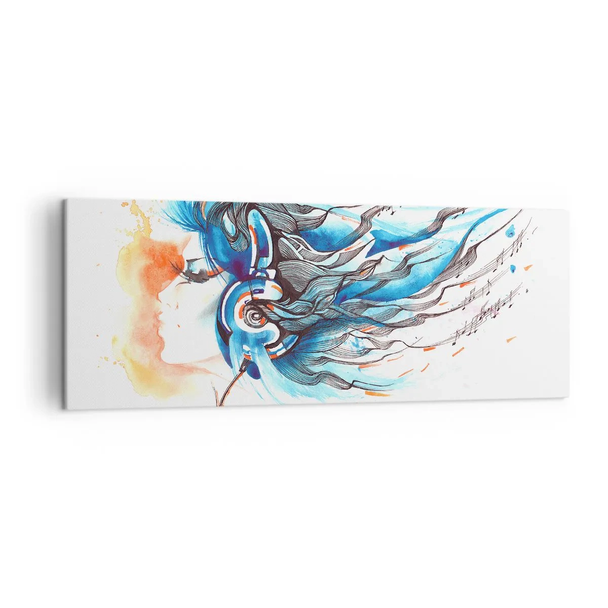 Obraz na płótnie - Artystyczna grafika kobiety w słuchawkach z muzycznymi akcentami - 140x50cm - Niech gra muzyka - Nowoczesna dekoracja ścienna do salonu i sypialni ARTTOR