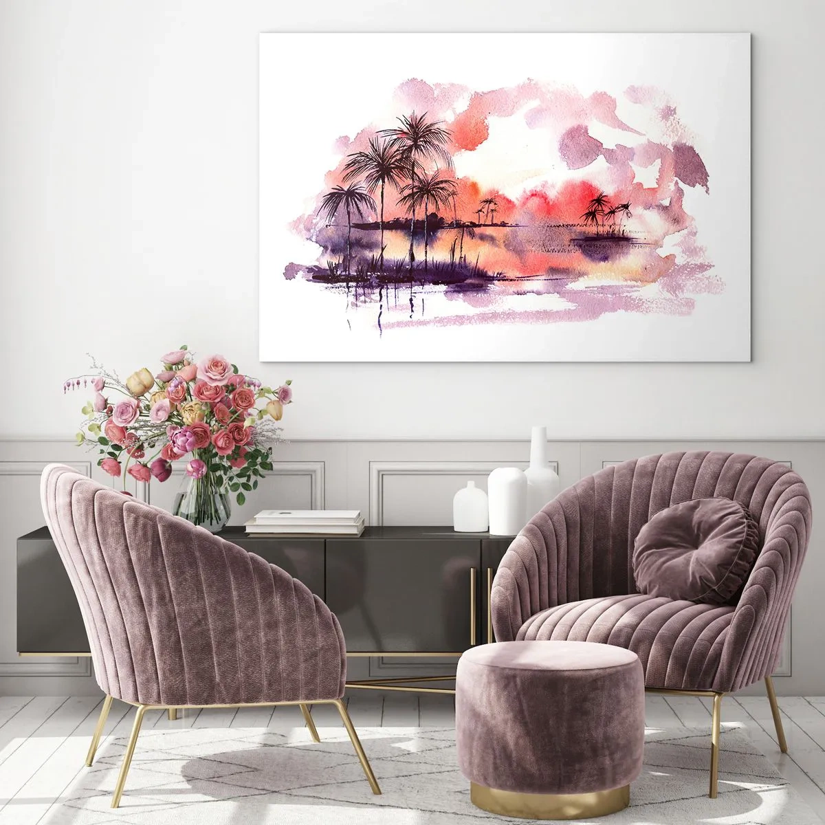 Obraz na szkle - Tropikalny krajobraz o zachodzie słońca w akwareli - 70x50cm - Spokój tropików w czerwieni - Nowoczesna dekoracja ścienna do salonu i sypialni ARTTOR