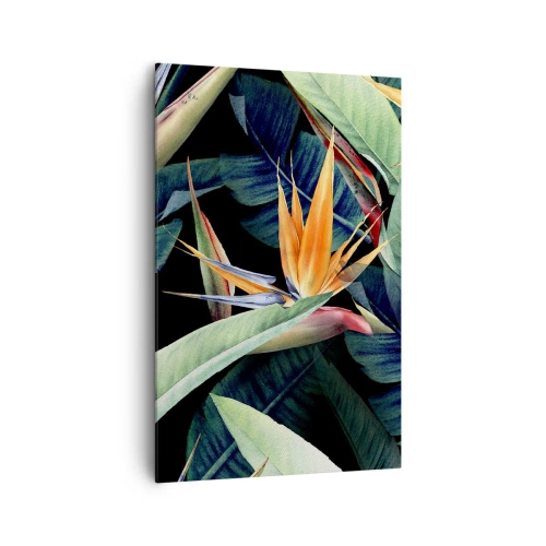 Obraz na płótnie - Tropikalne kwiaty i liście na czarnym tle - 80x120cm - Płomienne kwiaty tropików - Nowoczesna dekoracja ścienna do salonu i sypialni ARTTOR