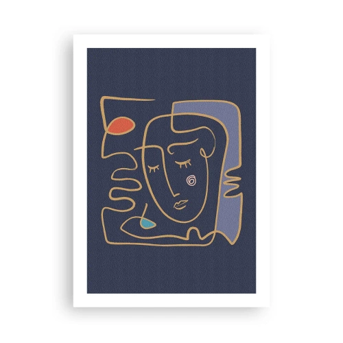 Plakat - Minimalistyczna abstrakcyjna twarz na granatowym tle w stylu line art - 50x70cm - W zamyśleniu - Nowoczesna dekoracja ścienna do salonu, kuchni i sypialni ARTTOR