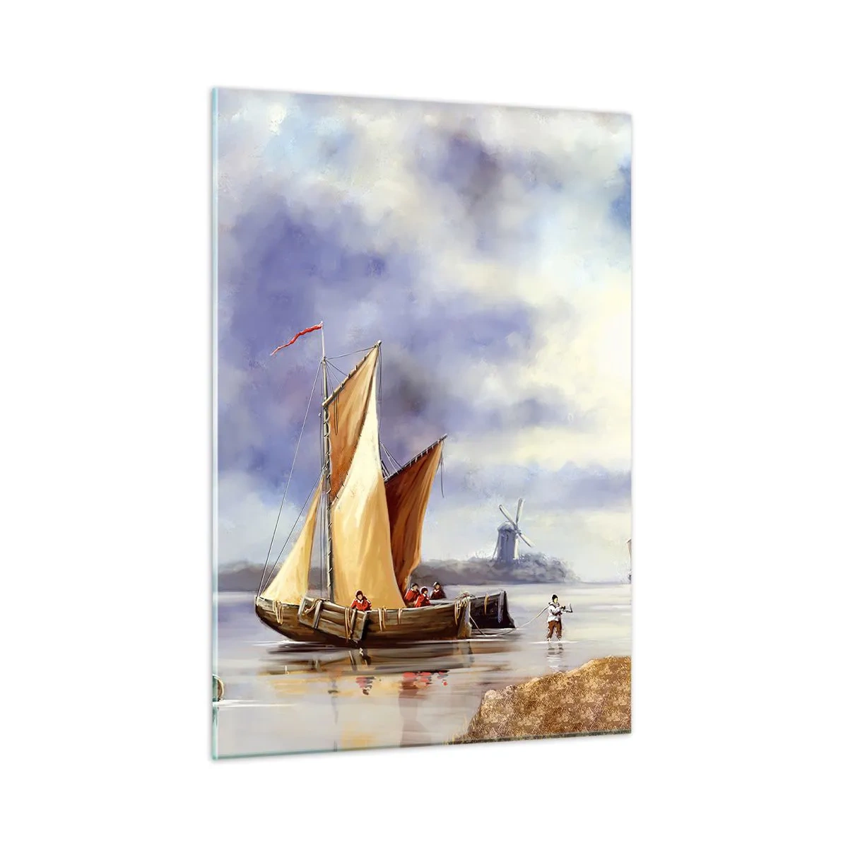 Obraz na szkle - Żaglówki na spokojnym jeziorze z wiatrakami w tle - 50x70cm - Powrót żeglarzy - Nowoczesna dekoracja ścienna do salonu, kuchni i sypialni ARTTOR