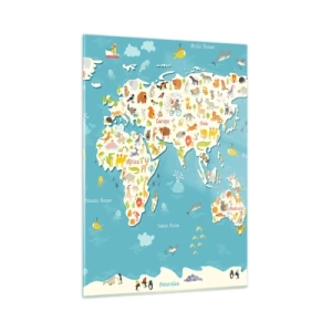 Obraz na szkle - Kolorowa mapa świata z motywami zwierząt i oceanu - 50x70cm - Kochamy cały świat - Nowoczesna dekoracja ścienna do salonu, kuchni i sypialni ARTTOR