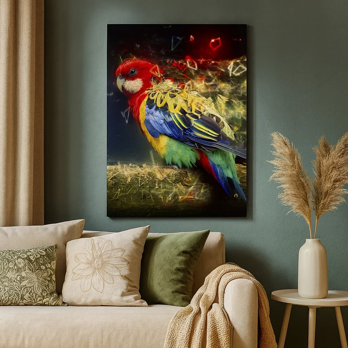 Obraz na płótnie - Kolorowa papuga w futurystycznym, cyfrowym otoczeniu - 50x70cm - Posłaniec blasku - Nowoczesna dekoracja ścienna do salonu, kuchni i sypialni ARTTOR