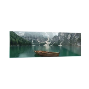 Obraz na szkle - Drewniana łódź przy pomoście na jeziorze otoczonym górami - 160x50cm - "I dumne opoki czoła" - Nowoczesna dekoracja ścienna do salonu i sypialni ARTTOR
