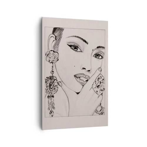 Obraz na płótnie - Szkic kobiecej twarzy z ozdobnymi kolczykami i pierścionkami - 80x120cm - Najpiękniejszy klejnot - Nowoczesna dekoracja ścienna do salonu i sypialni ARTTOR