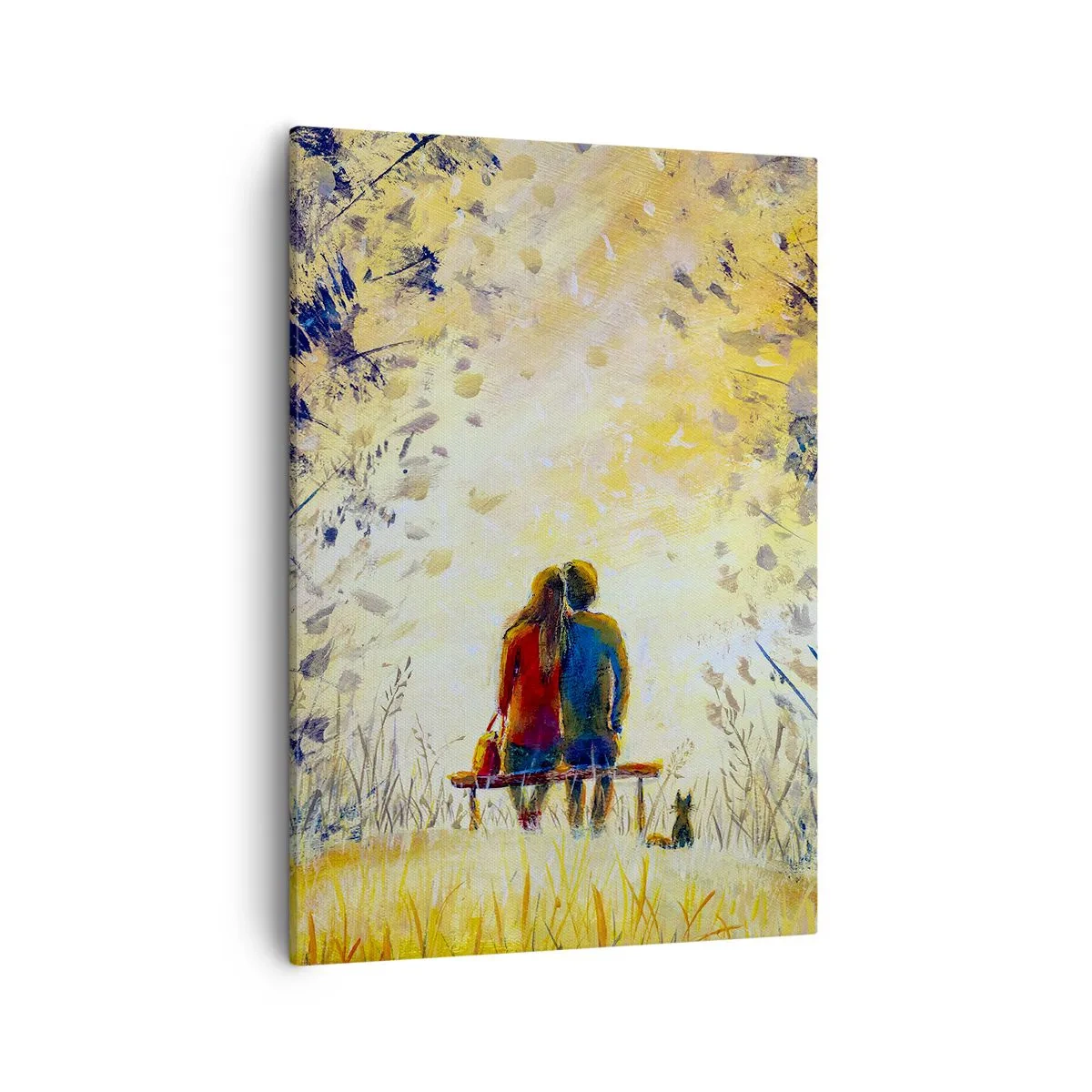 Obraz na płótnie - Para na ławce w jesiennym krajobrazie z psem - 50x70cm - Magiczna chwila - Nowoczesna dekoracja ścienna do salonu, kuchni i sypialni ARTTOR