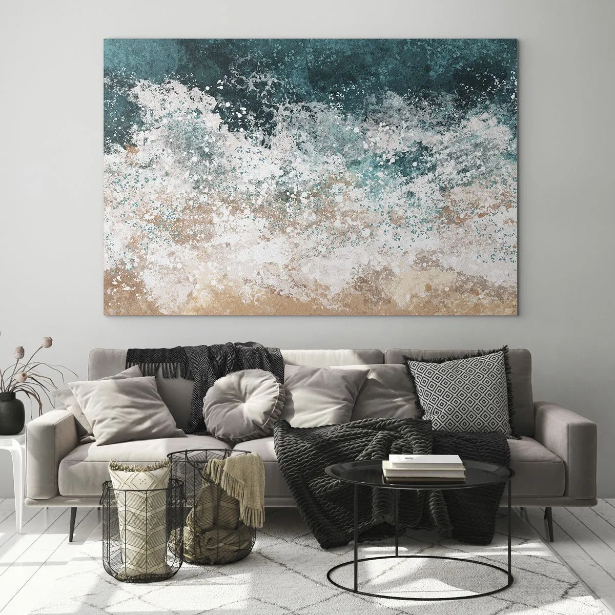 Obraz na szkle - Abstrakcyjna fala morska w odcieniach turkusu, bieli i piaskowego beżu - 70x50cm - Morskie opowieści - Nowoczesna dekoracja ścienna do salonu i sypialni ARTTOR