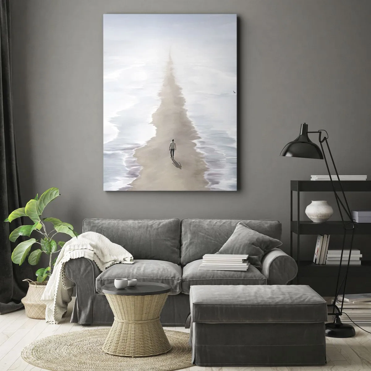 Obraz na płótnie - Minimalistyczna ilustracja mężczyzny idącego po piaskowej drodze otoczonej wodą - 50x70cm - Jasna przyszłość - Nowoczesna dekoracja ścienna do salonu, kuchni i sypialni ARTTOR