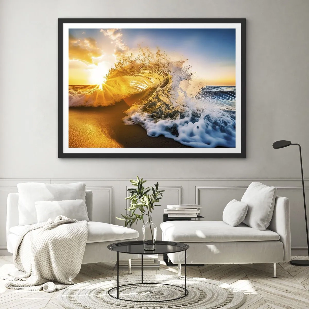 Plakat w czarnej ramie - Złota fala na tle zachodzącego słońca - 70x50cm - Zabawa na piasku - Nowoczesna dekoracja ścienna do salonu i sypialni ARTTOR