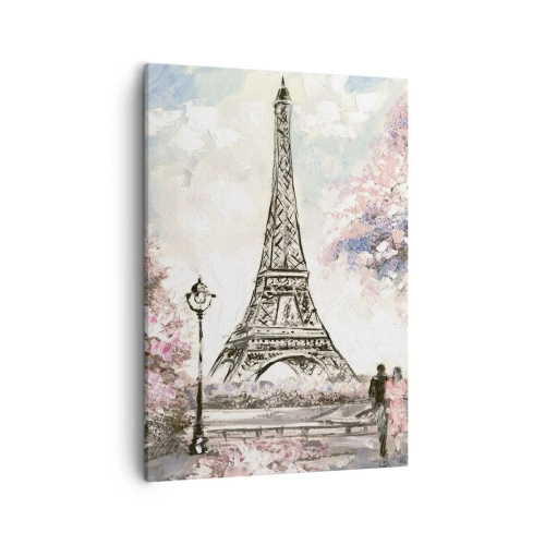 Obraz na płótnie - Wieża Eiffla z romantyczną scenerią w pastelowych barwach - 50x70cm - Kwietniowy spacer po Paryżu - Nowoczesna dekoracja ścienna do salonu, kuchni i sypialni ARTTOR