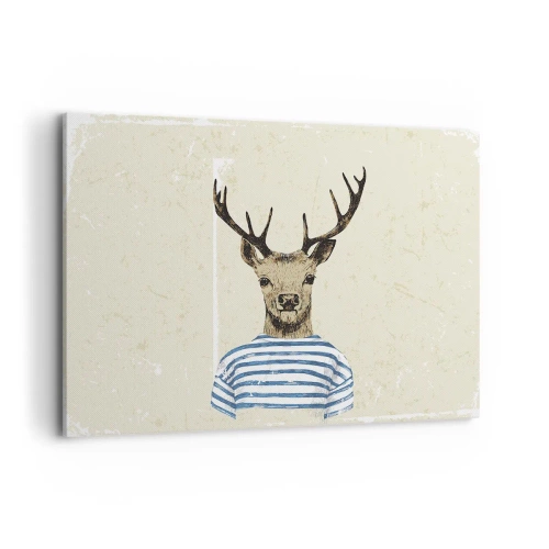 Obraz na płótnie - Jeleń w koszulce w paski na jasnym tle z delikatną teksturą - 120x80cm - Bo lubię koszulki w paski! - Nowoczesna dekoracja ścienna do salonu, kuchni i sypialni ARTTOR