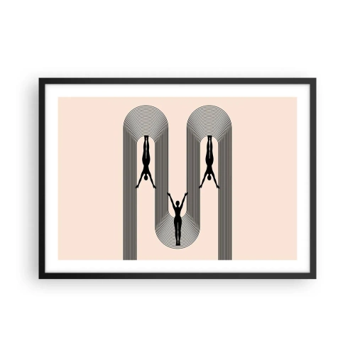 Plakat w czarnej ramie - Sylwetki w geometrycznym stylu na beżowym tle - 70x50cm - Do góry nogami - Nowoczesna dekoracja ścienna do salonu i sypialni ARTTOR