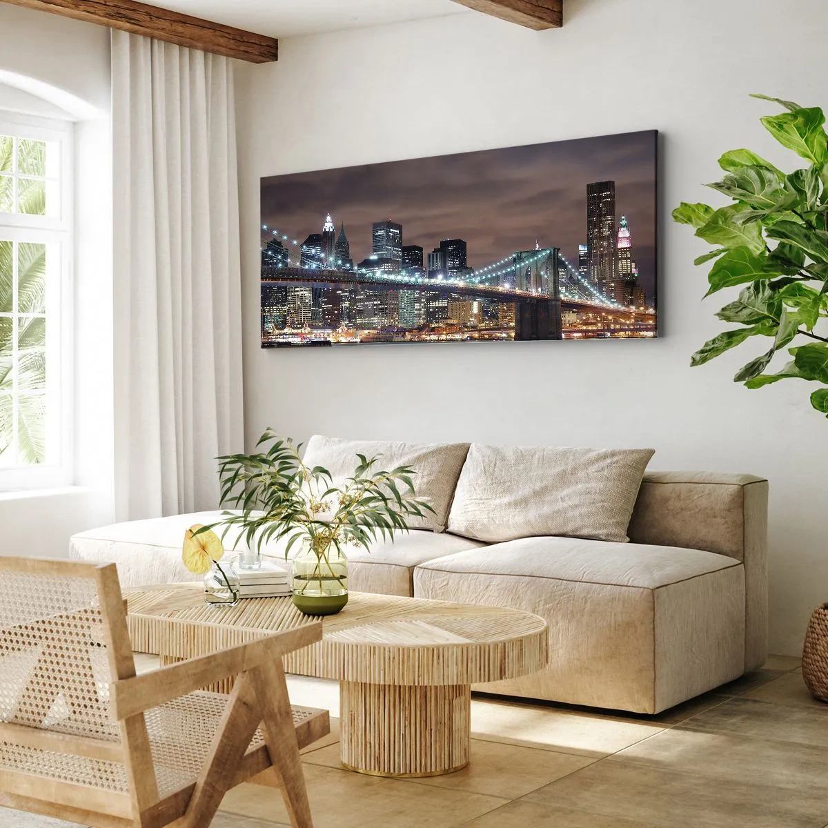 Obraz na płótnie - Most podświetlony nocą na tle nowoczesnej panoramy miasta - 120x50cm - Światła wielkiego miasta - Nowoczesna dekoracja ścienna do salonu i sypialni ARTTOR