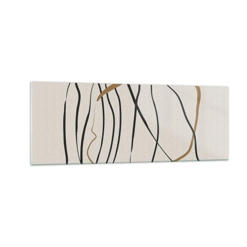 Obraz na szkle - Artystyczne linie w czerni i złocie na jasnym tle - 140x50cm - Kompozycja – taniec opętaniec - Nowoczesna dekoracja ścienna do salonu i sypialni ARTTOR