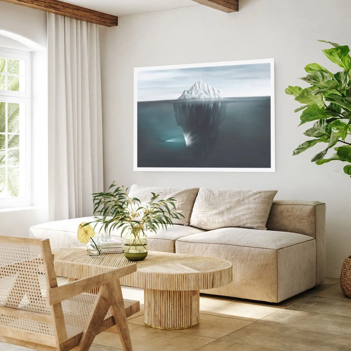 Plakat - Góra lodowa w wodzie z nurkiem i reflektorem pod powierzchnią - 100x70cm - Podwodna tajemnica - Nowoczesna dekoracja ścienna do salonu i sypialni ARTTOR