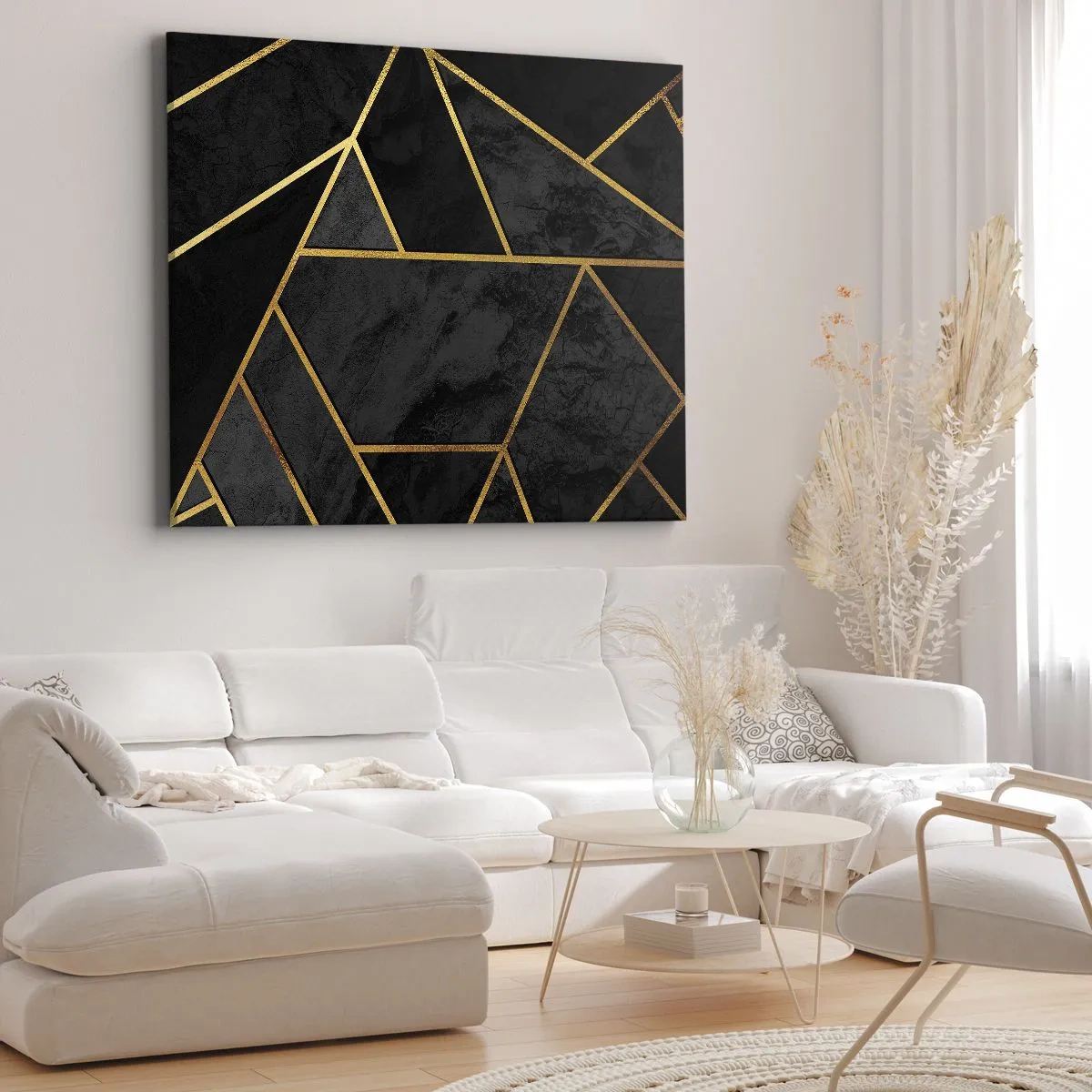 Obraz na płótnie - Geometryczny wzór złota na czarnym tle - 70x50cm - Mrok i blask - Nowoczesna dekoracja ścienna do salonu i sypialni ARTTOR