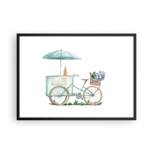 Plakat w czarnej ramie - Rower z lodami i kwiatami pod parasolem w delikatnej pastelowej kolorystyce - 70x50cm - Słodkie wspomnienie lata - Nowoczesna dekoracja ścienna do salonu i sypialni ARTTOR