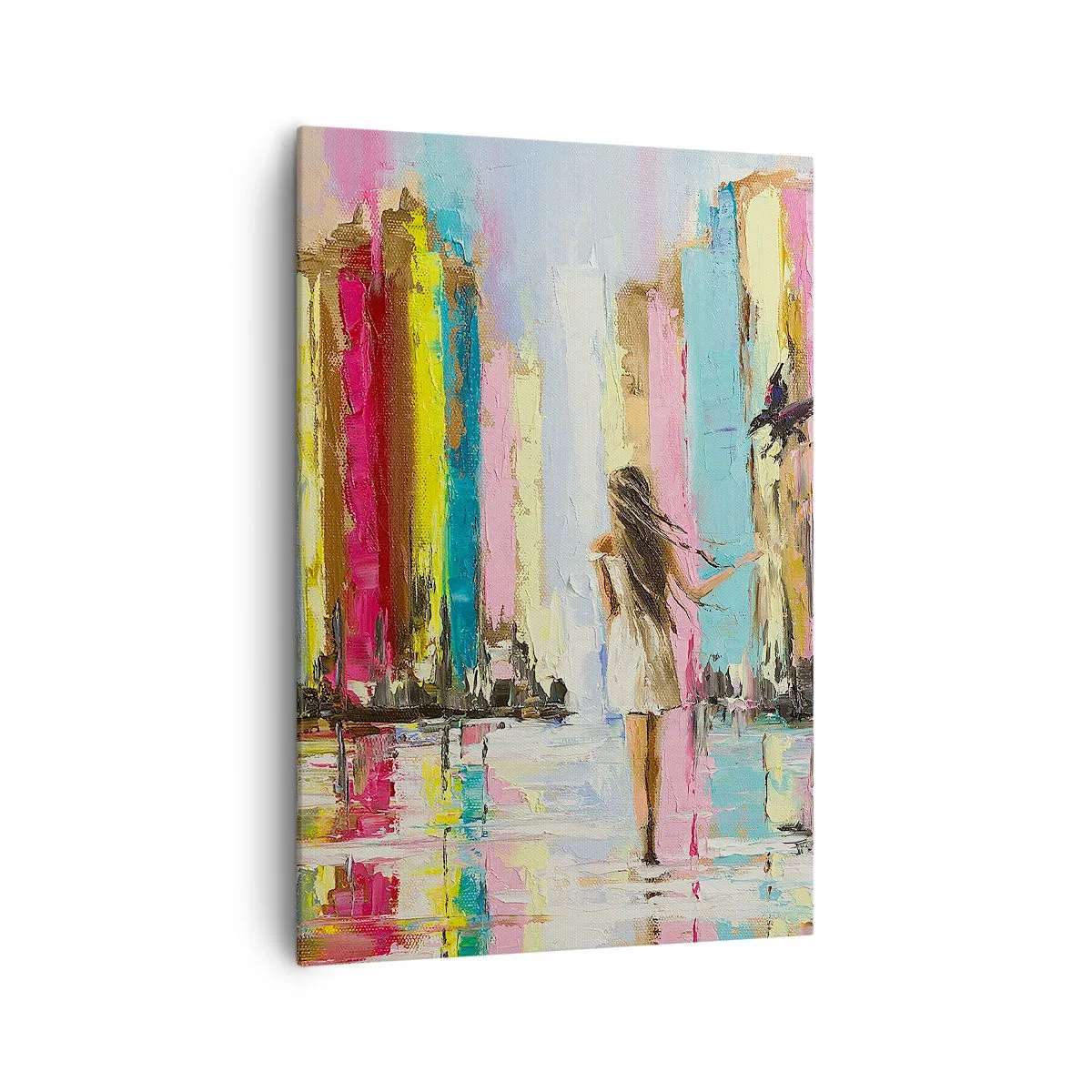 Obraz na płótnie - Kolorowe miasto i kobieta w białej sukni z ptakiem - 70x100cm - Idż za mną - Nowoczesna dekoracja ścienna do salonu i sypialni ARTTOR
