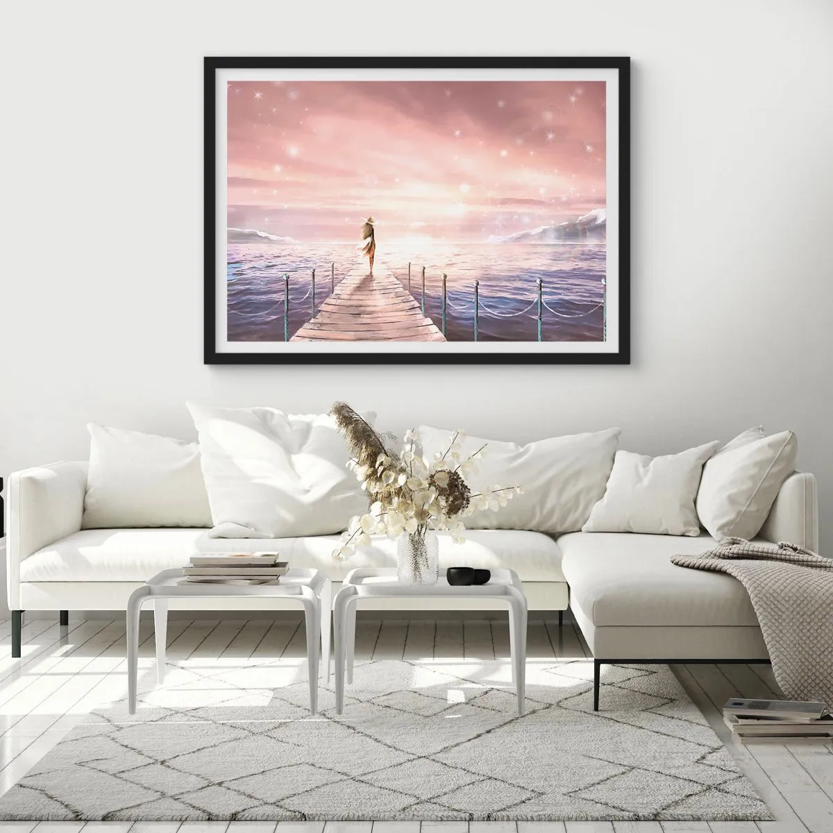 Plakat w czarnej ramie - Kobieta na pomoście w magicznej scenerii zachodu słońca - 70x50cm - W świetle marzenia - Nowoczesna dekoracja ścienna do salonu i sypialni ARTTOR