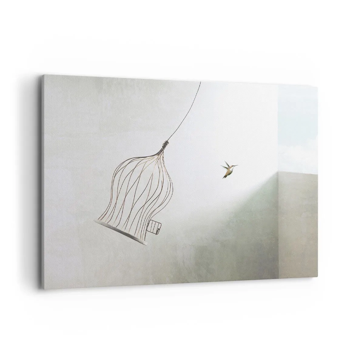 Obraz na płótnie - Ptaszek uwolniony z klatki na tle jasnego nieba - 100x70cm - W swoim żywiole - Nowoczesna dekoracja ścienna do salonu, kuchni i sypialni ARTTOR
