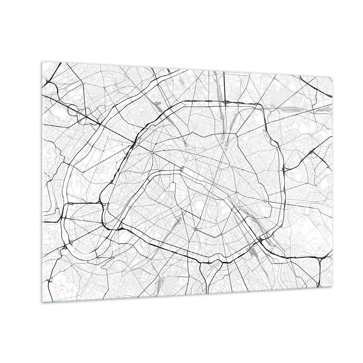 Obraz na szkle - Czarno-biała mapa miasta z siatką ulic i okrężnymi arteriami - 100x70cm - Kwiat Paryża - Nowoczesna dekoracja ścienna do salonu, kuchni i sypialni ARTTOR