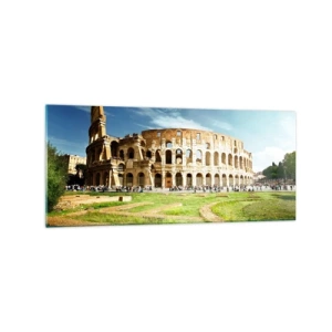Obraz na szkle - Koloseum w Rzymie w otoczeniu zieleni i błękitnego nieba - 120x50cm - Jeszcze słychać szczęk broni - Nowoczesna dekoracja ścienna do salonu i sypialni ARTTOR