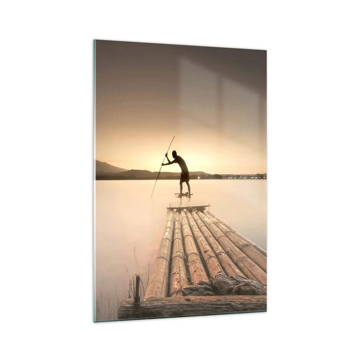 Obraz na szkle - Człowiek na tratwie o zachodzie słońca - 70x100cm - Przed spoczynkiem - Nowoczesna dekoracja ścienna do salonu i sypialni ARTTOR