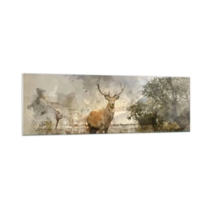 Obraz na szkle - Jeleń w naturalnym otoczeniu w akwarelowym stylu - 160x50cm - Godność - siła - dostojeństwo - Nowoczesna dekoracja ścienna do salonu i sypialni ARTTOR