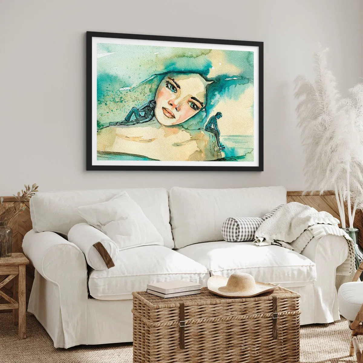 Plakat w czarnej ramie - Akwarela twarzy kobiety z refleksyjnym motywem - 70x50cm - Am I blue? - Nowoczesna dekoracja ścienna do salonu i sypialni ARTTOR