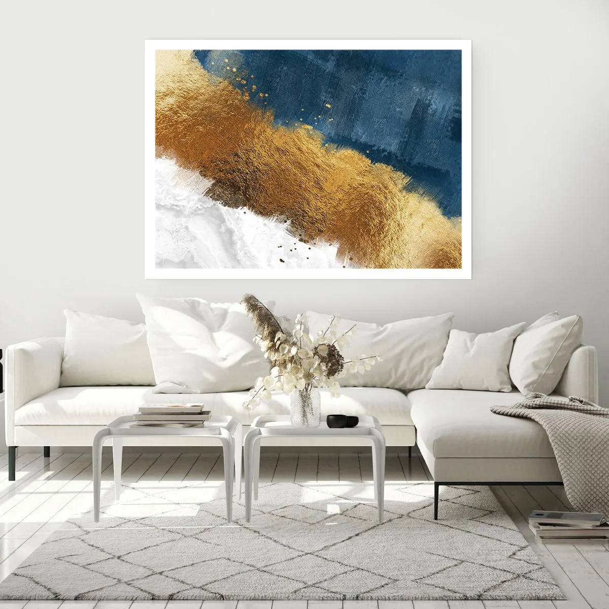 Plakat - Abstrakcyjna kompozycja w odcieniach złota, błękitu i bieli - 100x70cm - Barwy lata - Nowoczesna dekoracja ścienna do salonu i sypialni ARTTOR