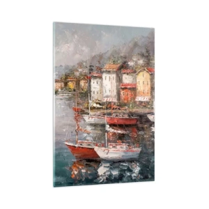 Obraz na szkle - Nadmorska sceneria z łodziami i kolorowymi domami - 80x120cm - Romantyczna przystań - Nowoczesna dekoracja ścienna do salonu i sypialni ARTTOR