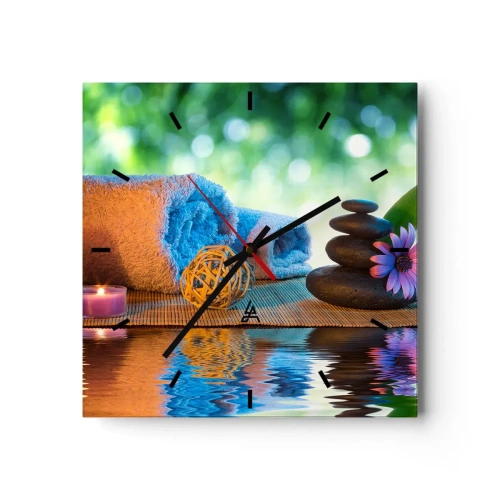 Zegar ścienny - Relaksacyjny zestaw SPA z ręcznikami, świecami i kamieniami - 30x30cm - Czas dla ciała - Nowoczesna dekoracja ścienna do salonu i sypialni ARTTOR