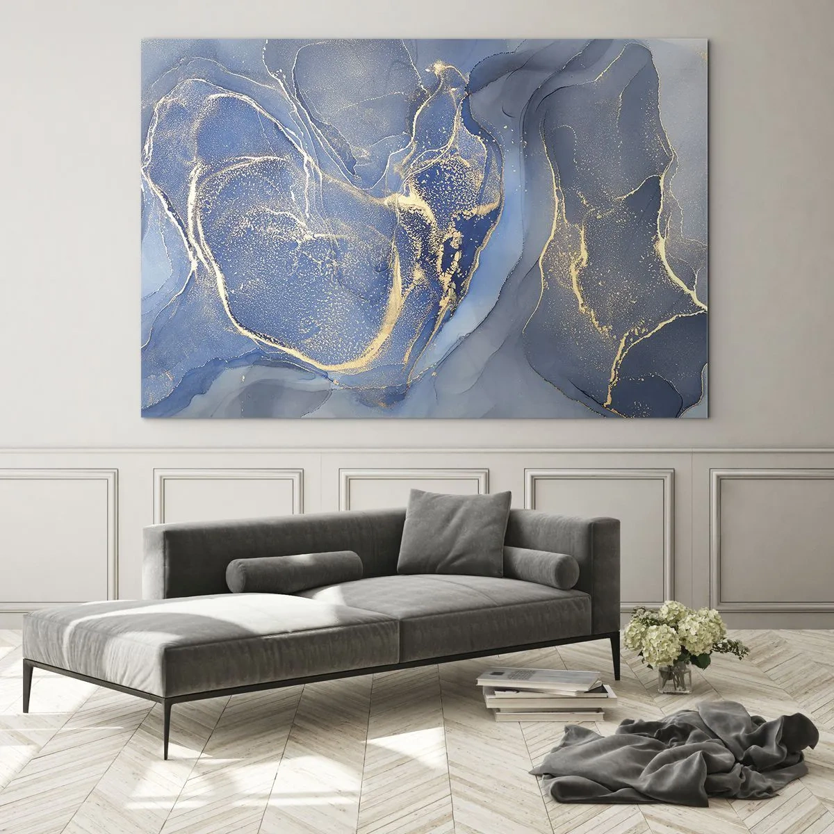 Obraz na szkle - Abstrakcyjna kompozycja w odcieniach granatu i złota - 70x50cm - Złoty pył - Nowoczesna dekoracja ścienna do salonu i sypialni ARTTOR