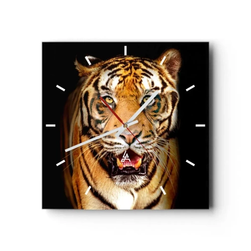 Zegar ścienny - Tygrys z otwartą paszczą na czarnym tle - 30x30cm - Dzikość serca - Nowoczesna dekoracja ścienna do salonu i sypialni ARTTOR