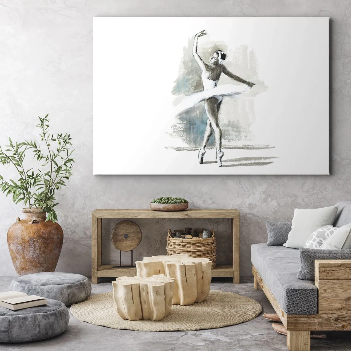 Obraz na płótnie - Tancerka baletowa w pozie baletowej na tle delikatnych akwarelowych tonacji - 70x50cm - Zaklęta w łabędzia - Nowoczesna dekoracja ścienna do salonu i sypialni ARTTOR