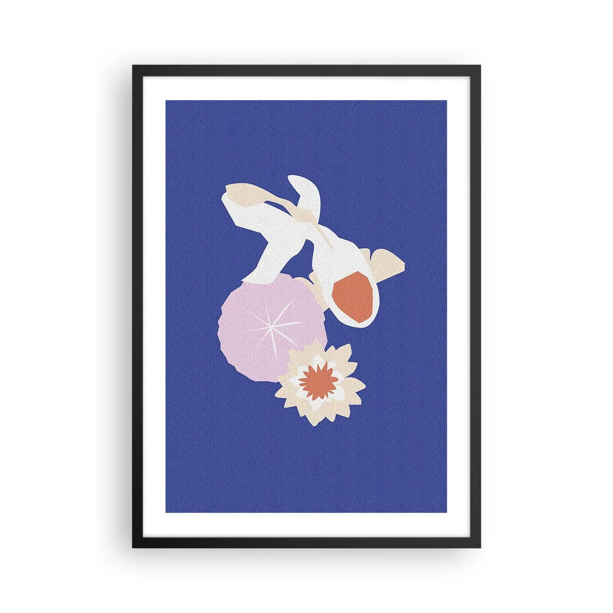 Plakat w czarnej ramie - Ryba koi w otoczeniu kwiatów na intensywnym tle - 50x70cm - Kompozycja kwiatów i pąków - Nowoczesna dekoracja ścienna do salonu i sypialni ARTTOR