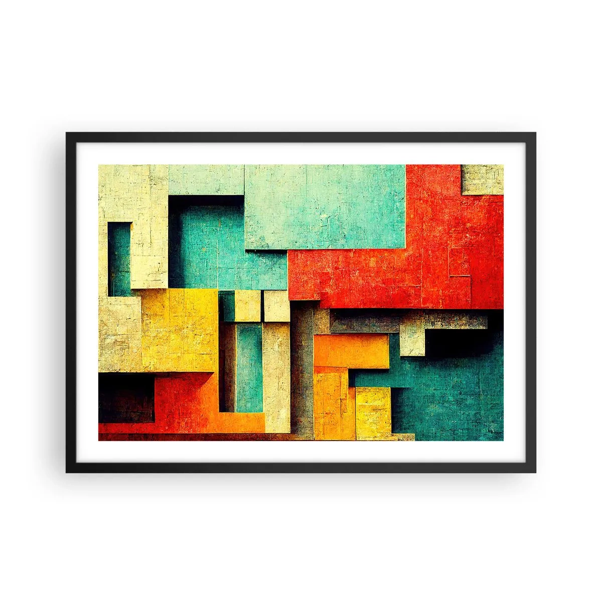 Plakat w czarnej ramie - Abstrakcyjne geometryczne kształty w żywych kolorach - 70x50cm - Festiwal kątów prostych - Nowoczesna dekoracja ścienna do salonu i sypialni ARTTOR