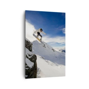 Obraz na płótnie - Snowboardzista skaczący z urwiska na tle ośnieżonych gór - 80x120cm - Wolność bez granic - Nowoczesna dekoracja ścienna do salonu i sypialni ARTTOR