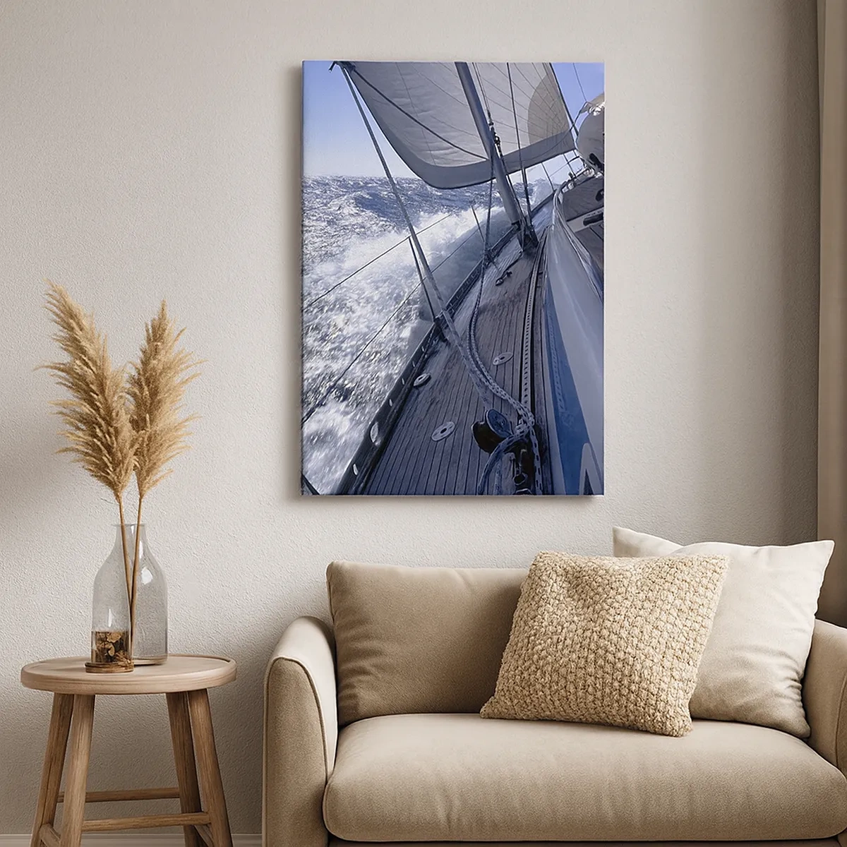 Obraz na płótnie - Żaglówka na wzburzonym morzu z rozpiętymi żaglami - 50x70cm - Wiem, co to być ptakiem - Nowoczesna dekoracja ścienna do salonu, kuchni i sypialni ARTTOR