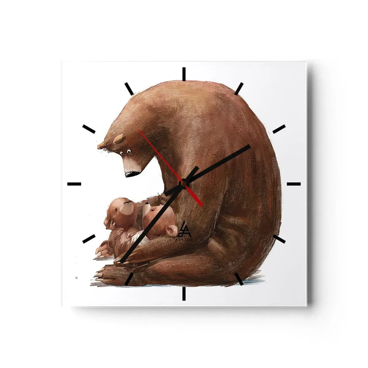 Zegar ścienny - Niedźwiedzica z dwoma małymi niedźwiadkami w ramionach - 30x30cm - Słodkich snów, dzieciaki - Nowoczesna dekoracja ścienna do salonu i sypialni ARTTOR