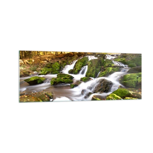 Obraz na szkle - Zalesiony krajobraz z wodospadem otoczonym mchem - 140x50cm - Bystro przez jesienny las - Nowoczesna dekoracja ścienna do salonu i sypialni ARTTOR
