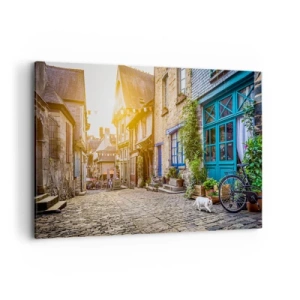 Obraz na płótnie - Urokliwa uliczka z kamiennym brukiem w świetle słońca - 120x80cm - Biały duch miasteczka - Nowoczesna dekoracja ścienna do salonu, kuchni i sypialni ARTTOR