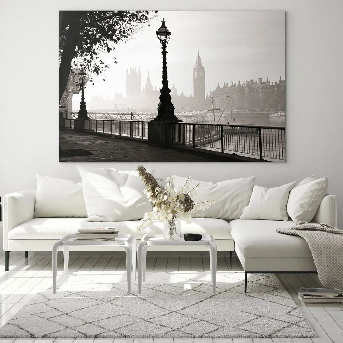 Obraz na szkle - Czarno-biała fotografia londyńskiej promenady z Big Benem - 70x50cm - Londyński poranek - Nowoczesna dekoracja ścienna do salonu i sypialni ARTTOR
