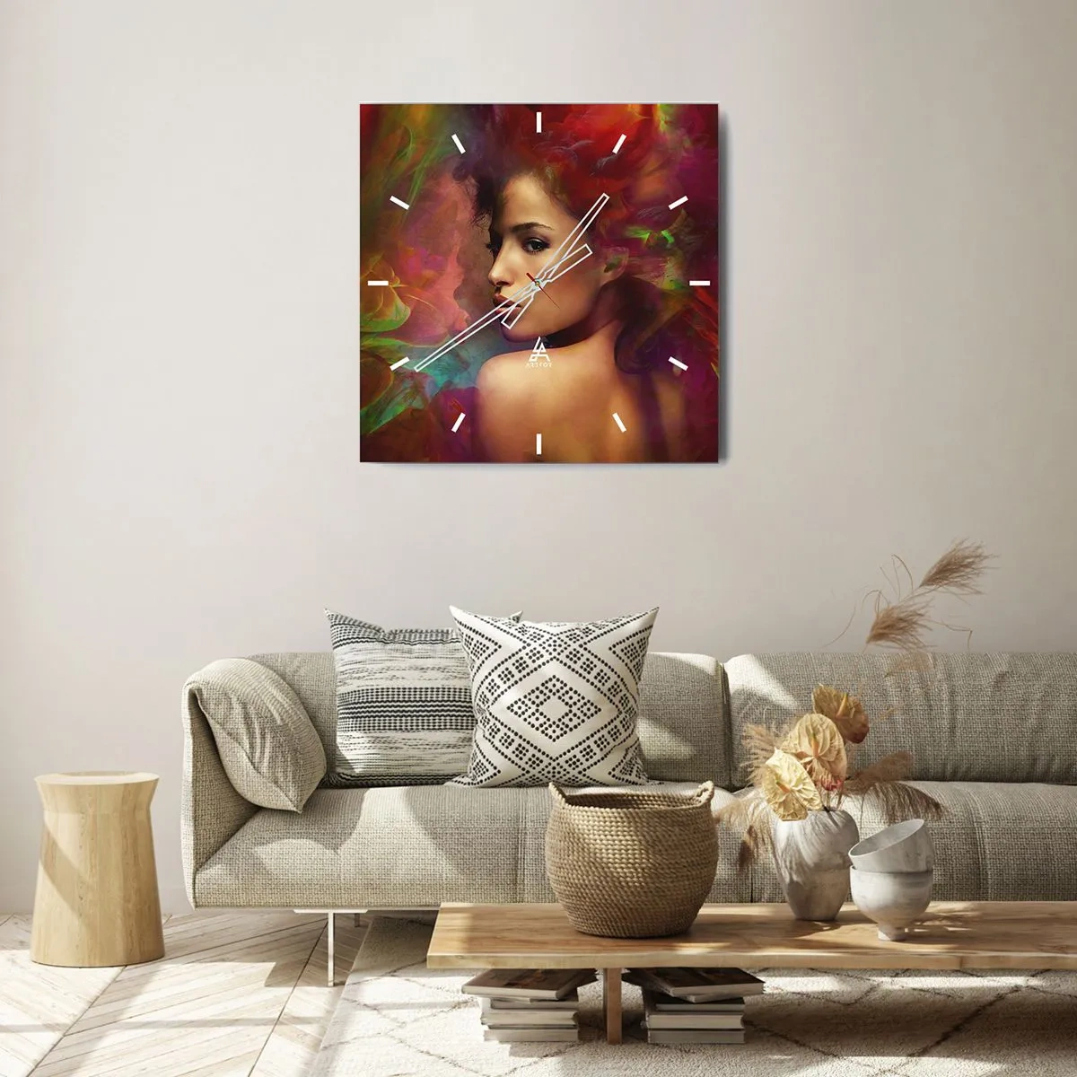 Zegar ścienny - Kobieta z kolorowymi refleksami tworzącymi abstrakcyjne tło - 30x30cm - Piękniejsza od tęczy, delikatna jak mgła - Nowoczesna dekoracja ścienna do salonu i sypialni ARTTOR