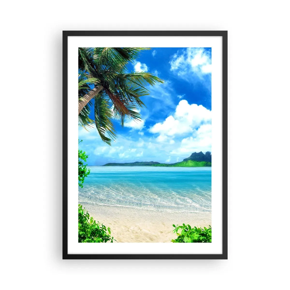 Plakat w czarnej ramie - Tropikalna plaża z palmą i lazurowym morzem - 50x70cm - Lazur tropików - Nowoczesna dekoracja ścienna do salonu i sypialni ARTTOR