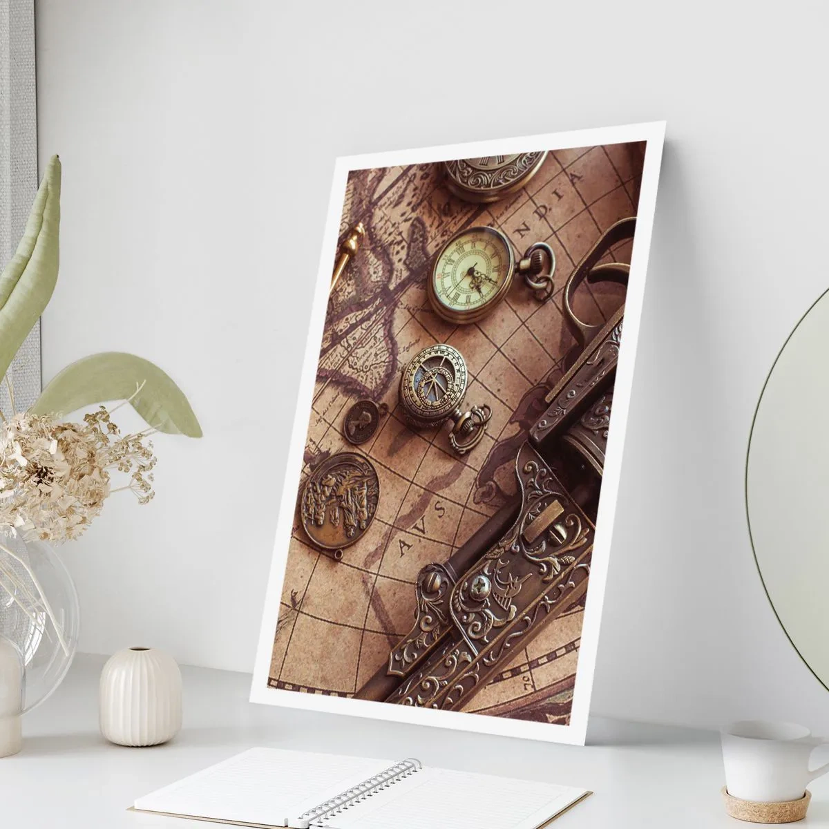 Plakat - Kompas, mapa i staroświeckie przedmioty symbolizujące przygodę - 50x70cm - Przygoda wzywa - Nowoczesna dekoracja ścienna do salonu, kuchni i sypialni ARTTOR