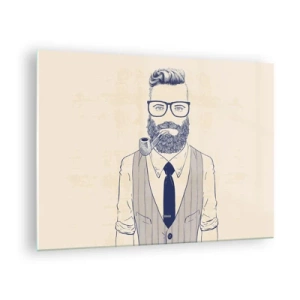 Obraz na szkle - Stylizowany mężczyzna z brodą, w okularach i z fajką, na jasnym tle - 70x50cm - Pogodny, męski i modny - Nowoczesna dekoracja ścienna do salonu i sypialni ARTTOR
