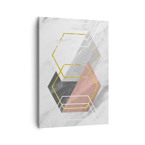 Obraz na płótnie - Geometria złotych i marmurowych heksagonów - 50x70cm - Kompozycja łańcuchowa - Nowoczesna dekoracja ścienna do salonu, kuchni i sypialni ARTTOR