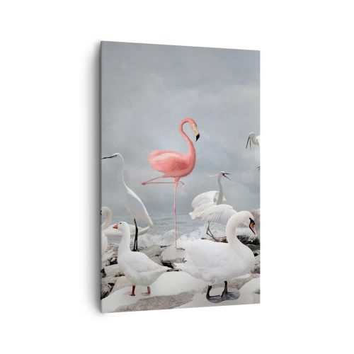 Obraz na płótnie - Różowy flaming wśród białych łabędzi na tle jeziora - 80x120cm - Skąd się tu wziąłem? - Nowoczesna dekoracja ścienna do salonu i sypialni ARTTOR